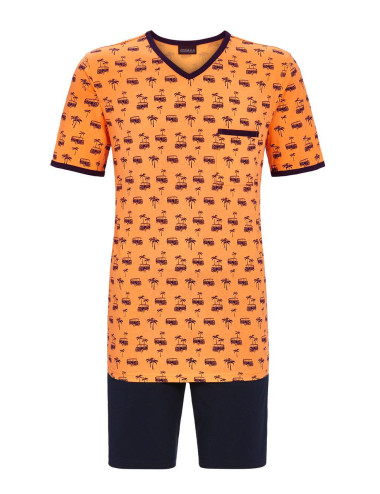 Pyjama court - Orange - Van et cocotiers - Encolure en V - Poche poitrine et short - 100% coton - Homme - Ringella