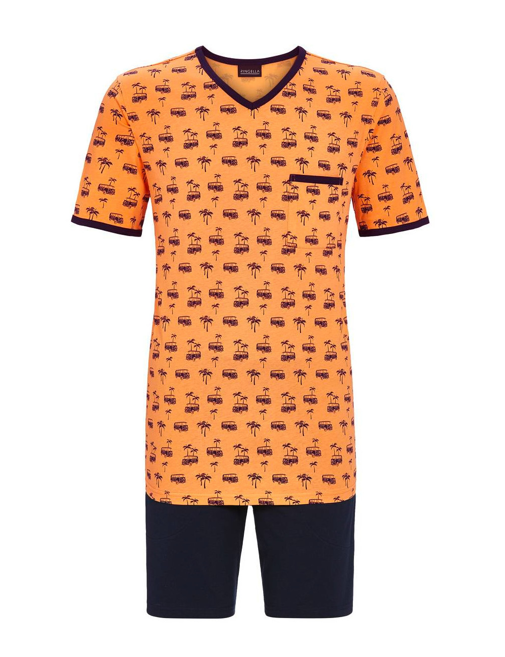 Pyjama court - Orange - Van et cocotiers - Encolure en V - Poche poitrine et short - 100% coton - Homme - Ringella