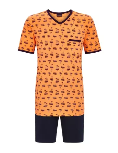 Pyjama court - Orange - Van et cocotiers - Encolure en V - Poche poitrine et short - 100% coton - Homme - Ringella