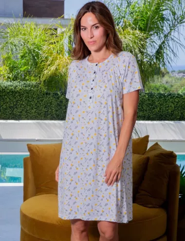 Chemise de nuit en coton - Motif fleurs jaunes